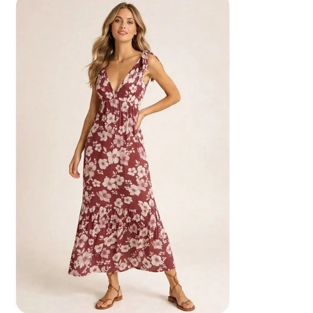 Abercrombie & Fitch Floral Maxi Tie Strap Dress Size M Brown Open Back Tiered
